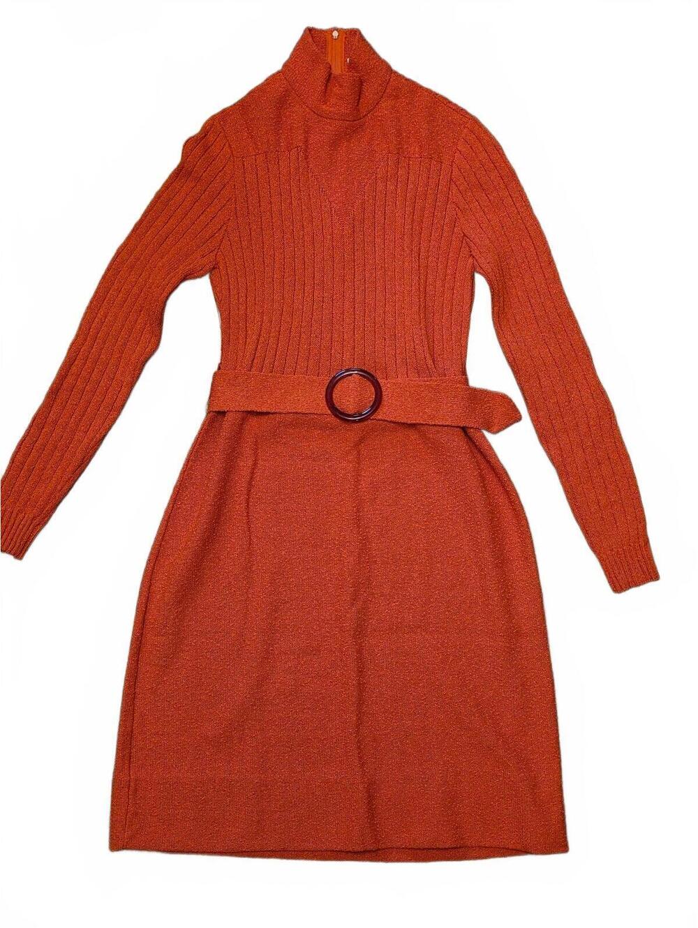 Vtg Knits by Don Burnt Orange Belted Turtleneck Mod Dress Some Stretch Small/Med